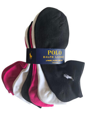 Polo Ralph Lauren Womens Ultra Low Cut Socks Black Pink White 6 pack NWT